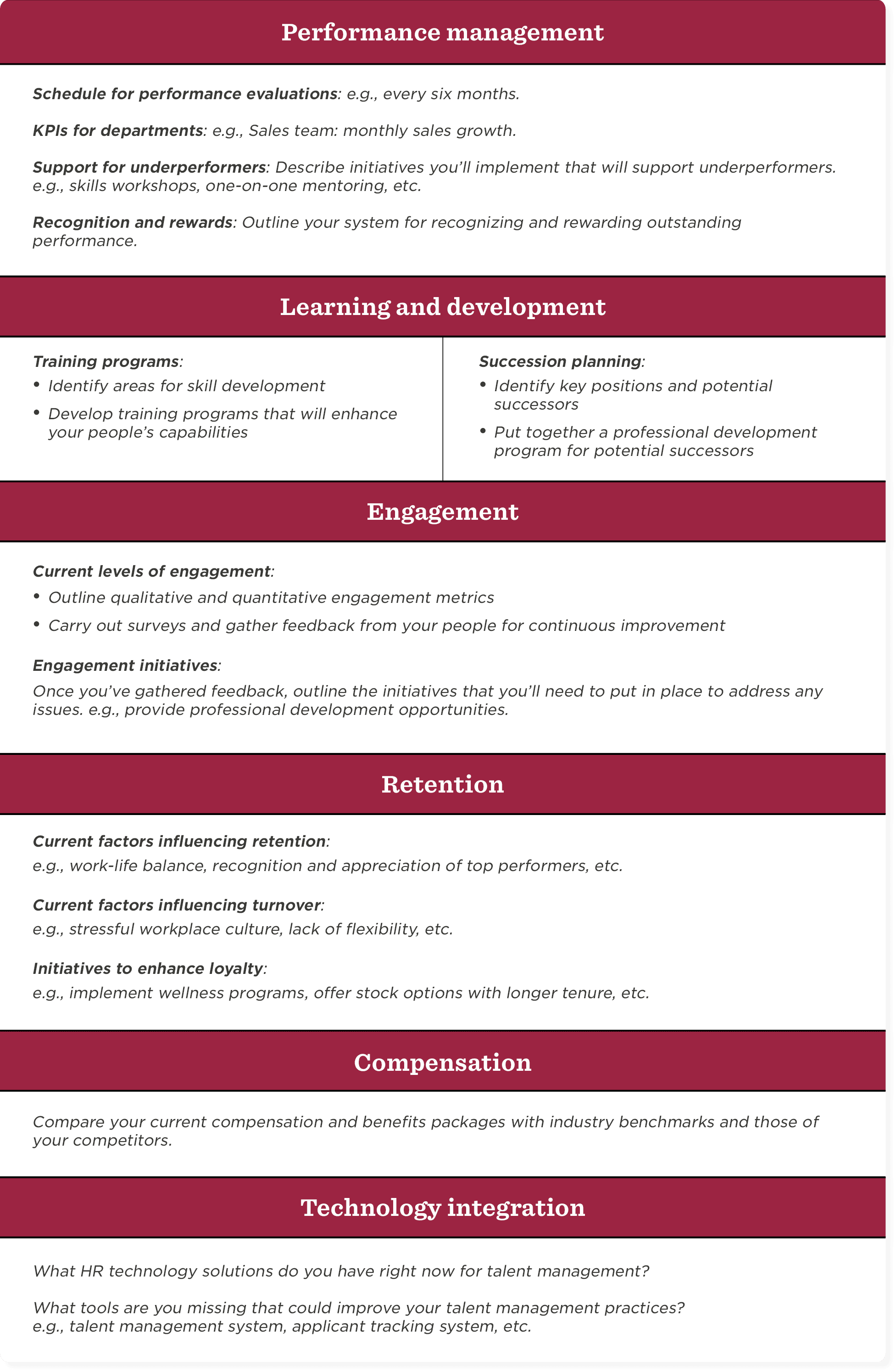 performance management, employee engagement, training programs, retention strategies