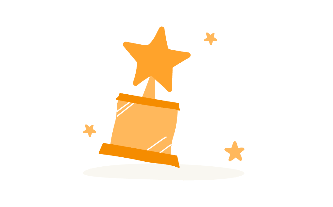 trophy with star on top surrounded by small stars, bright orange color, representing achievement and celebration, trophy award design for recognition and success