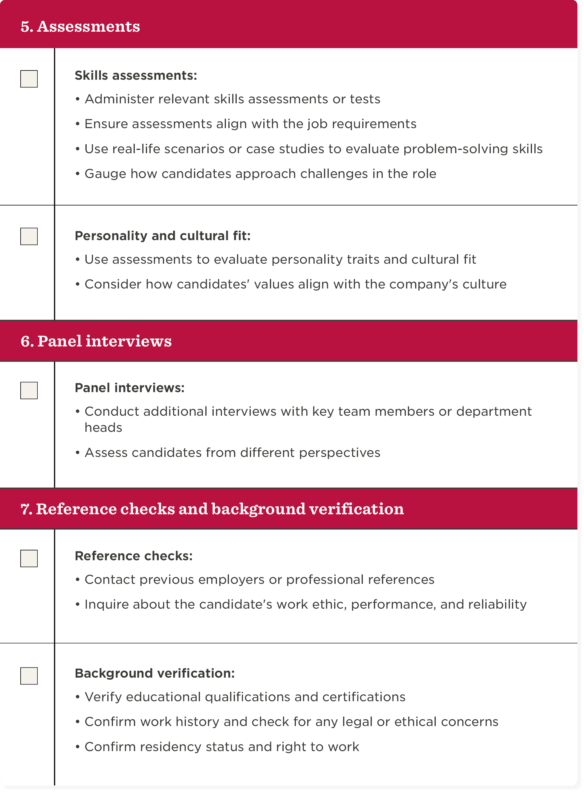 assessments, panel interviews, reference checks, background verification