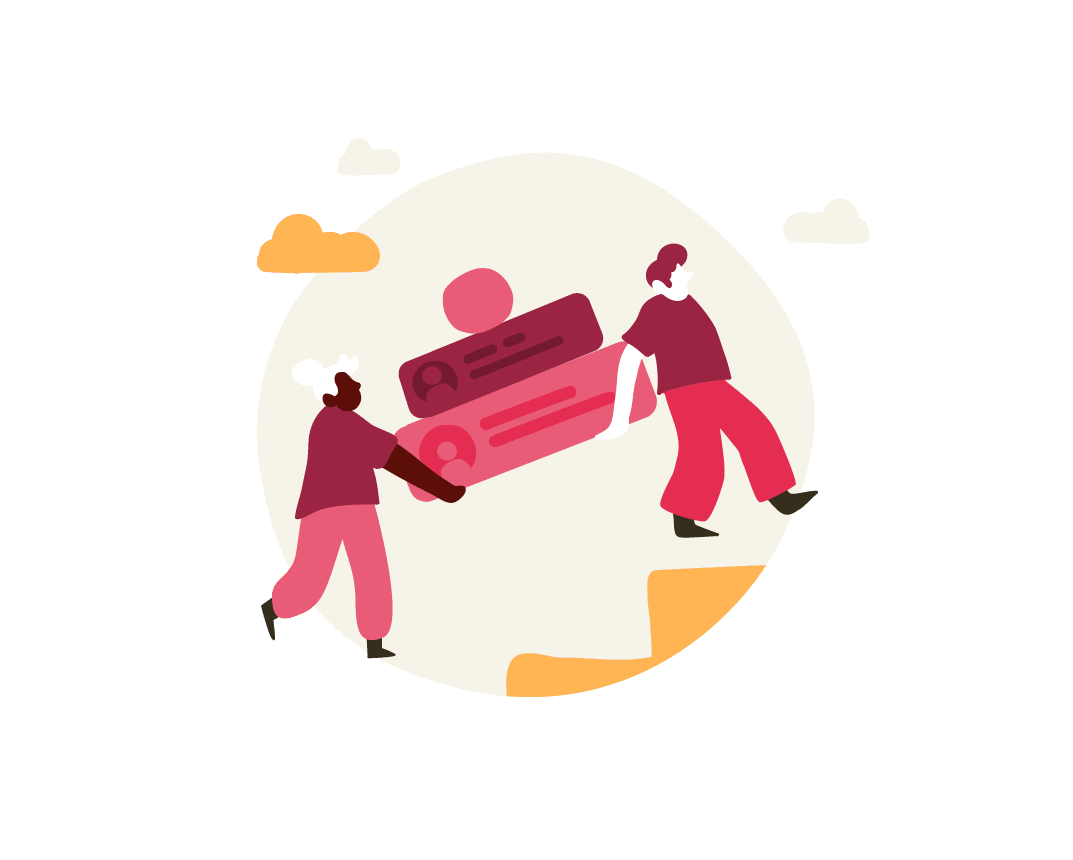 diverse individuals carrying a large card illustration, symbolizing teamwork or collaboration, colorful vector art with clouds in background