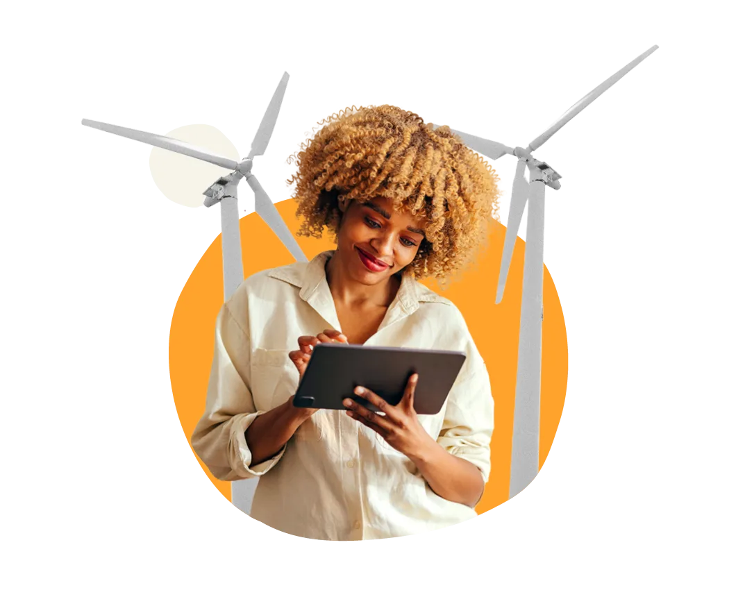 woman using tablet, wind turbines background, orange circular design