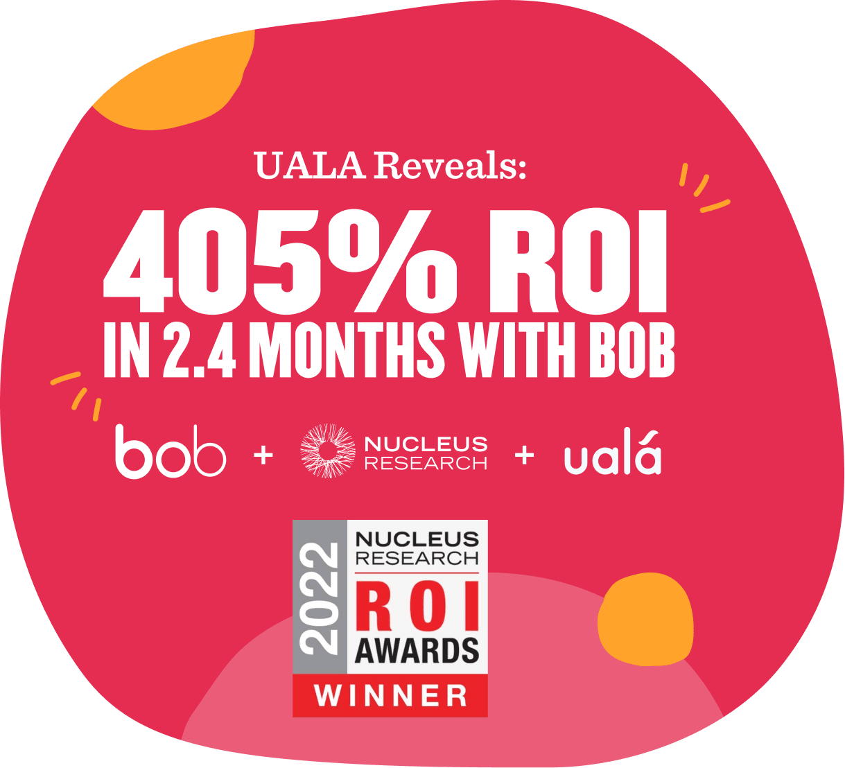 UALA reveals 405% ROI in 2.4 months with Bob; features logos and award details on vibrant background. ROI results, Nucleus Research winner
