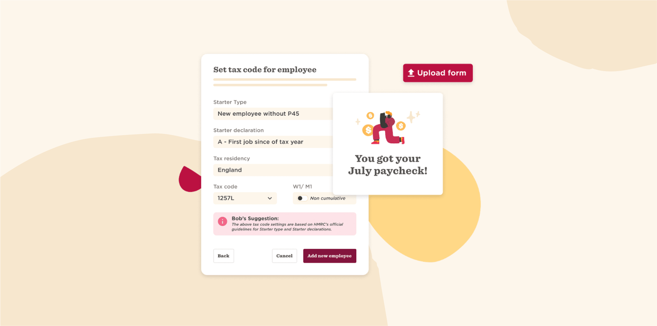 Set tax code form for new employees, featuring sections for residency, tax codes, and paycheck update notification. , TaxSettings, EmployeeForm