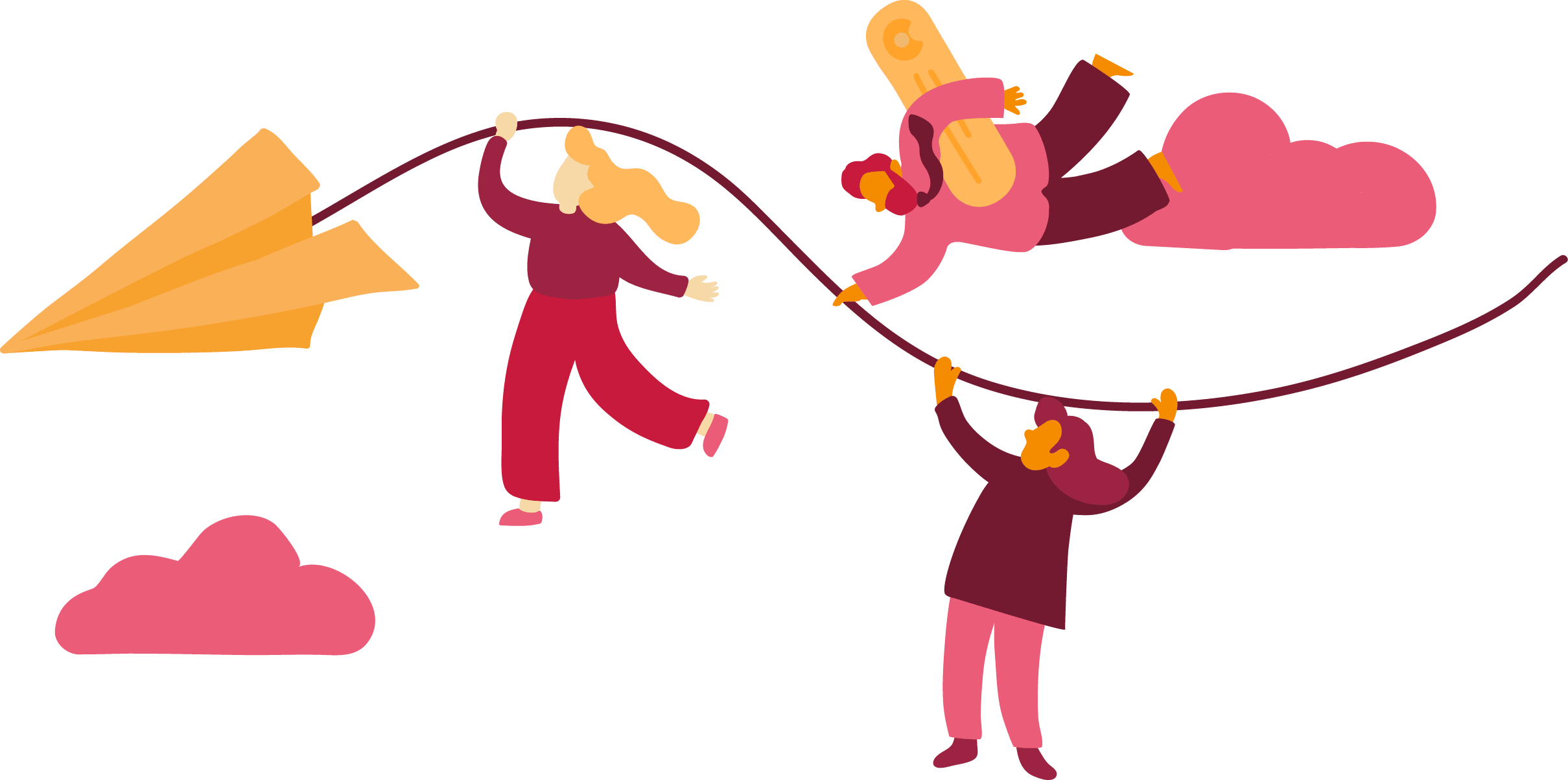 paper airplane, people flying, colorful illustration
