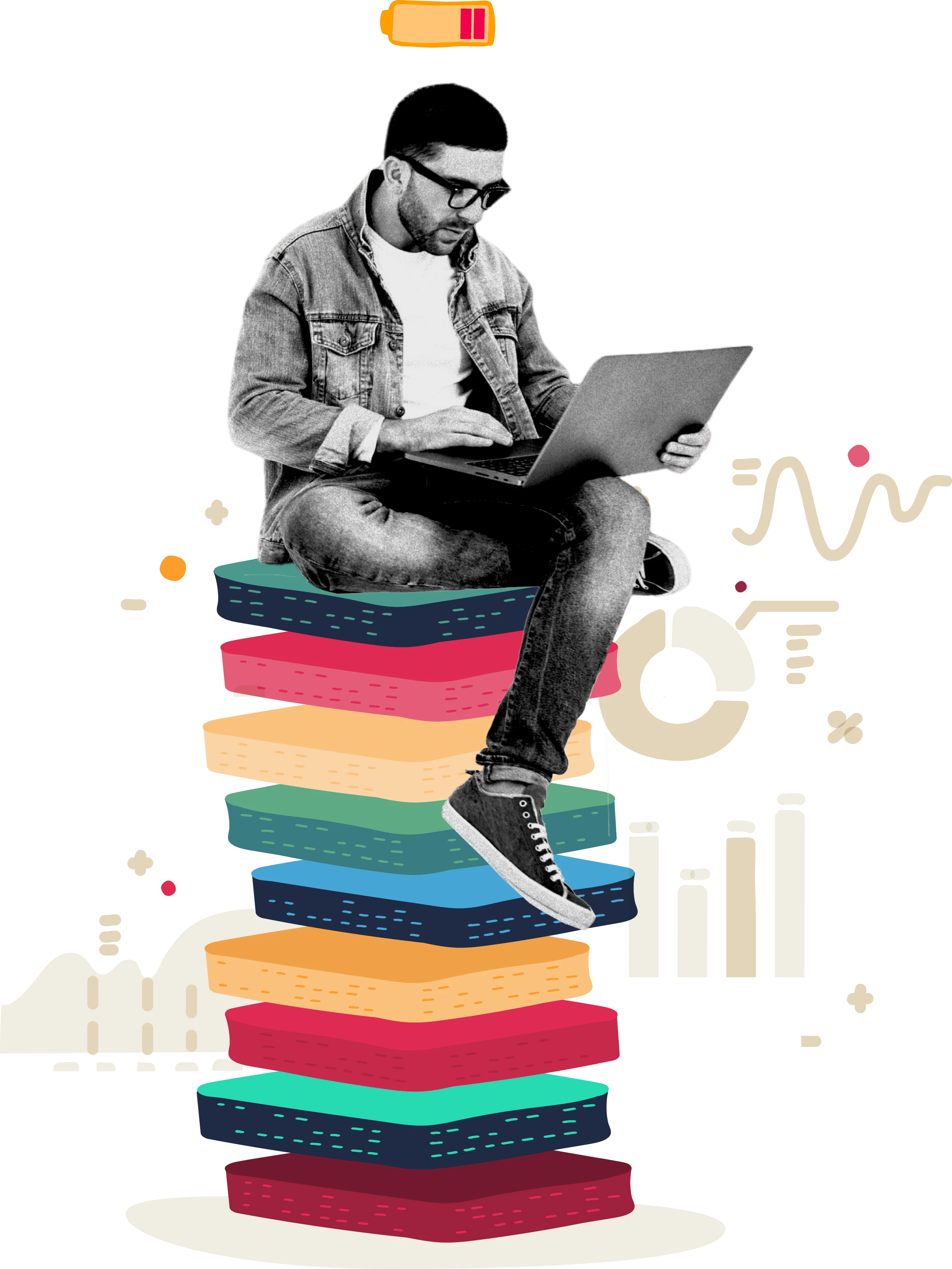 man working on laptop, sitting on colorful stacked books, modern design with graphical elements, creative workspace illustration