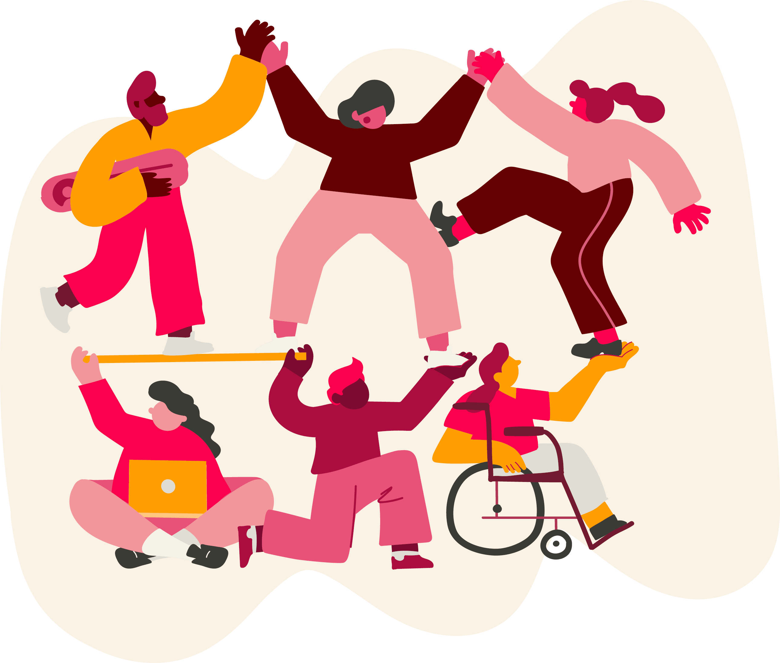diverse group of people engaged in teamwork, celebrating inclusion and support, vibrant colors and playful poses, community collaboration illustration