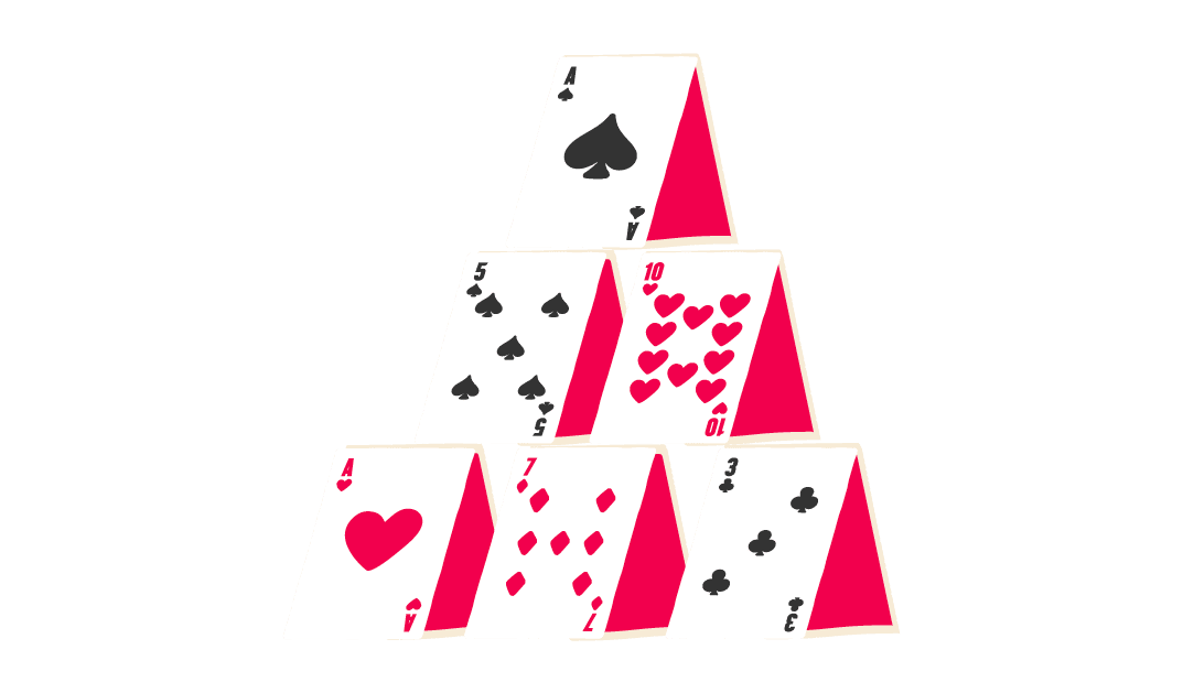 playing cards pyramid structure, colorful hearts and spades cards stacked creatively
