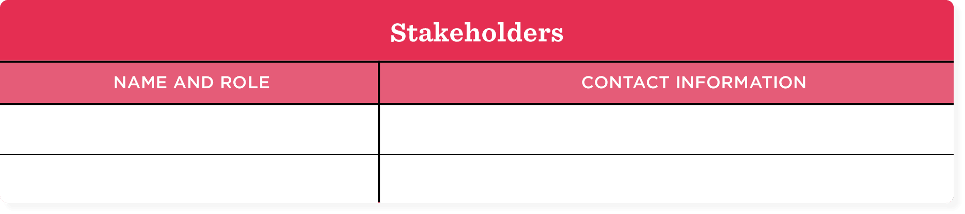 Stakeholder table with headings for names, roles, and contact information against a bright pink background.