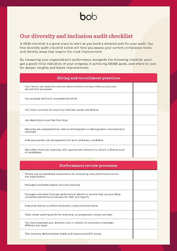 Screenshot of the diversity and inclusion (DEI) audit checklist template by HiBob