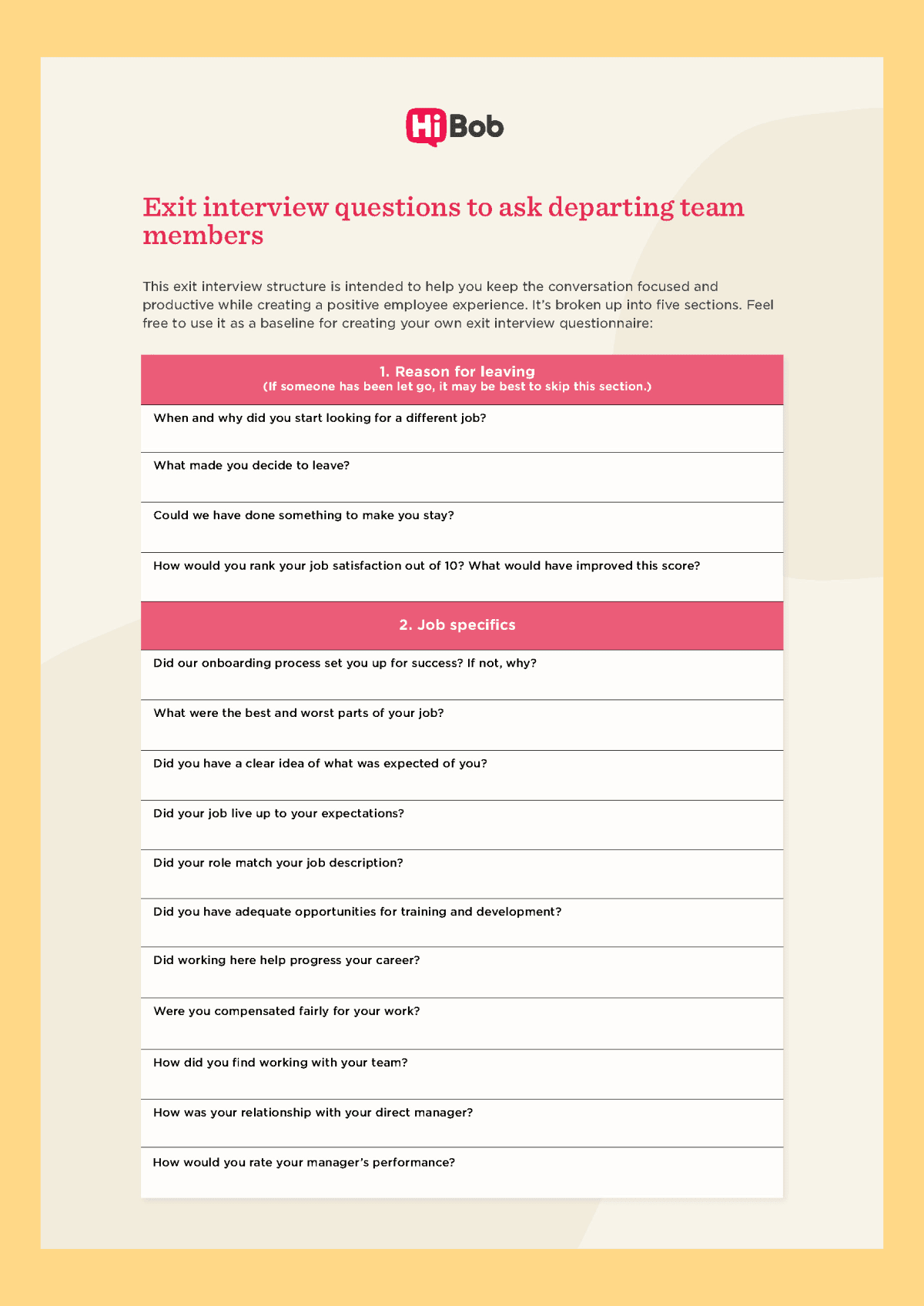 A screenshot of HiBob's exit interview template