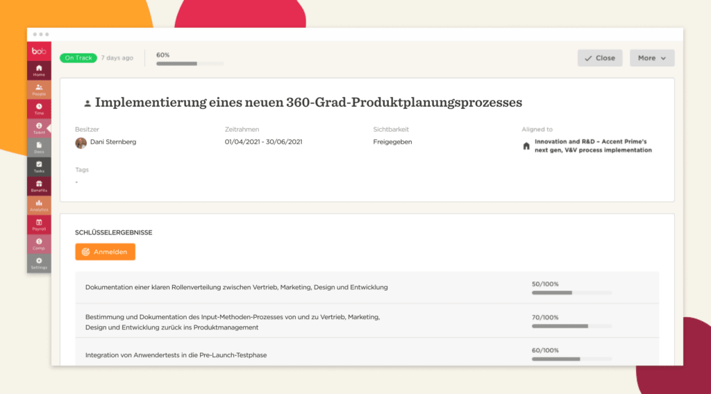 Implementierung eines 360-Grad-Produktplanungsprozesses mit Fortschrittsbalken und Ergebnissen., Dani Sternberg, Projektmanagement Dashboard