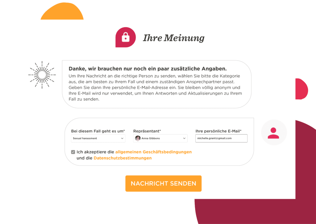 Ihre Meinung feedback form with email input and category selection for assistance, featuring a secure lock icon. , feedback form, secure communication