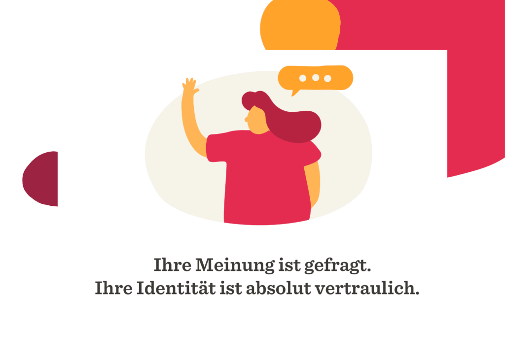 sprechende Person mit erhobener Hand, Textblase für Meinungsumfrage, vertrauensvolle Kommunikation, bunte Illustrationen und Text über Anonymität und Meinungsfreiheit
