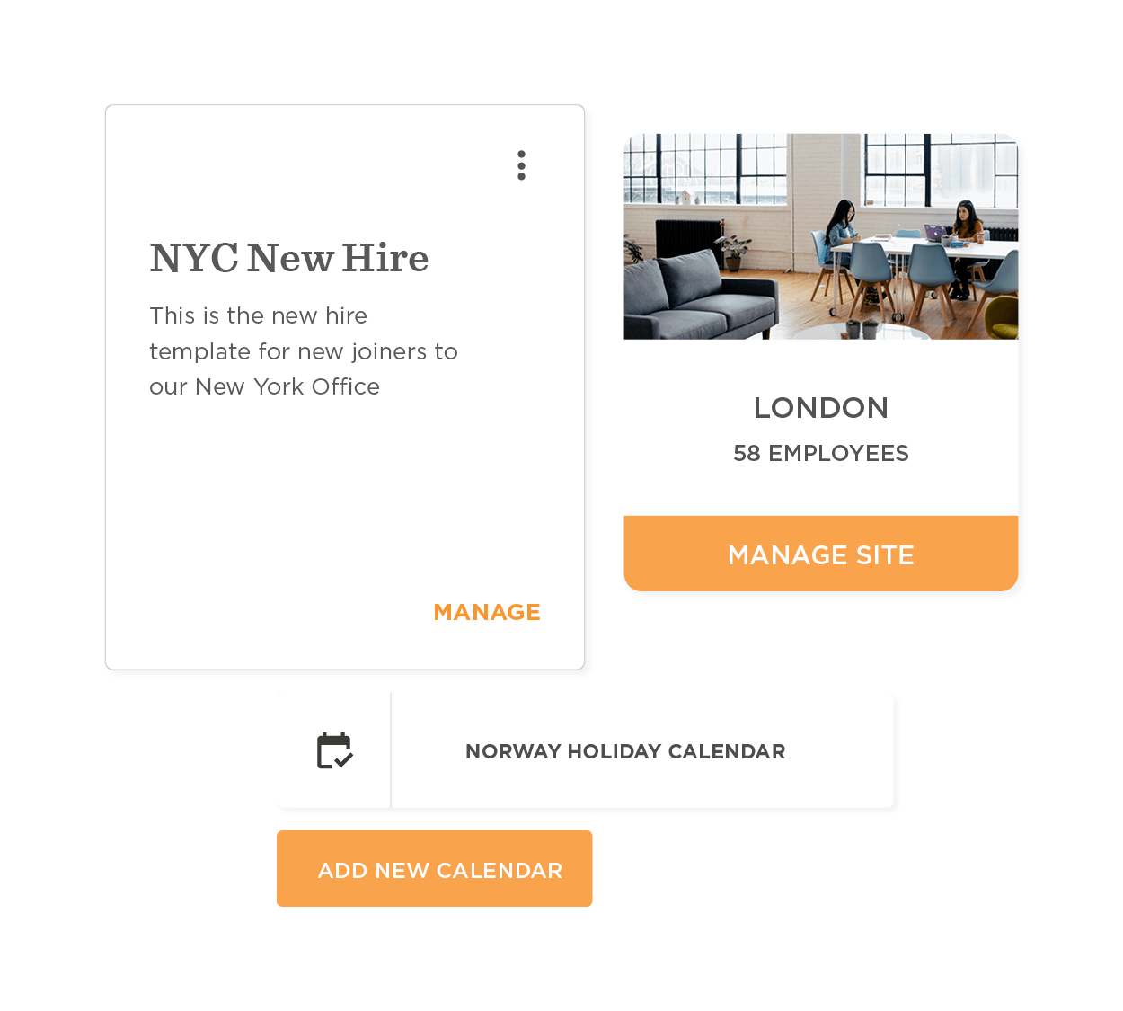 NYC New Hire template with employee details for London office and calendar management options, New hire template and calendar management UI elements.
