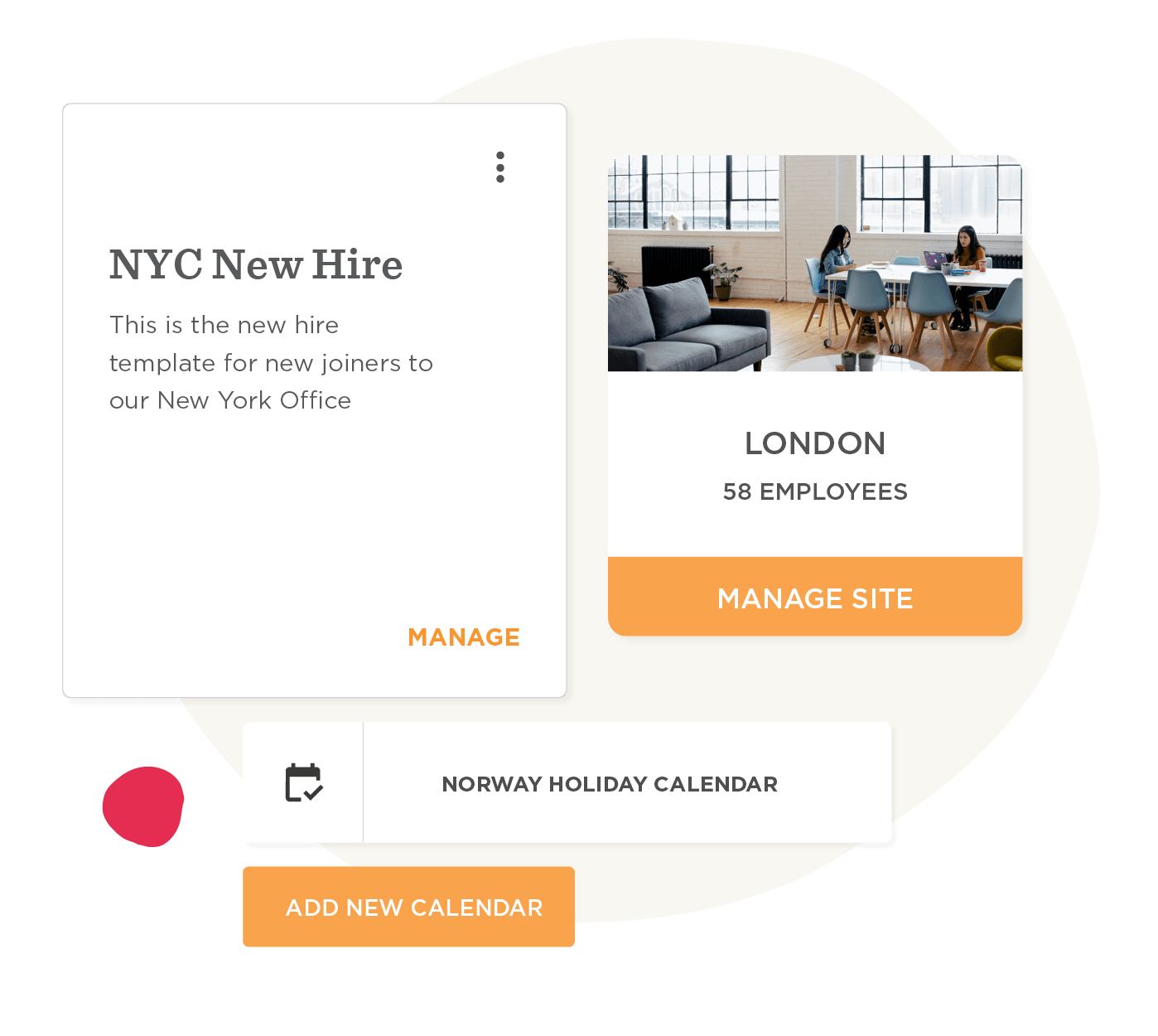 NYC New Hire template and London office info displayed on a modern interface with calendar options, Office management interface with employee details