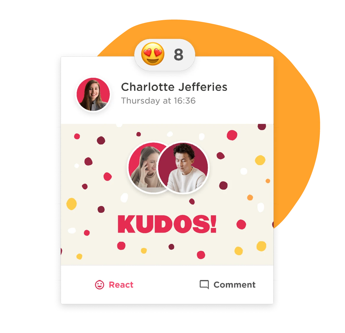 kudos, social media interaction with profile images and playful polka dot background