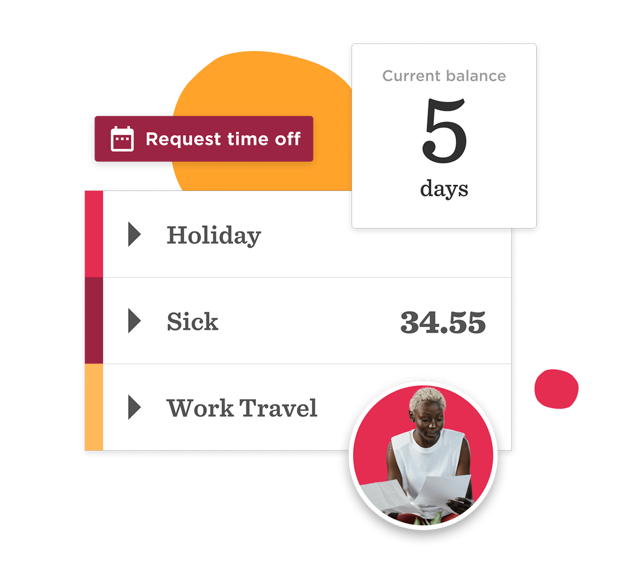 current balance 5 days request time off holiday sick work travel woman reviewing documents, employee time off tracker system