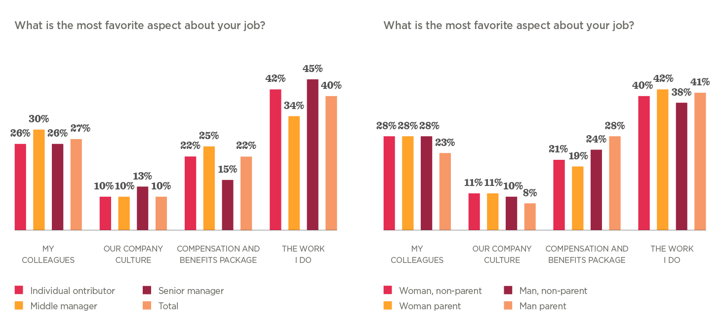 job satisfaction survey results, favorite job aspects by demographics and role types
