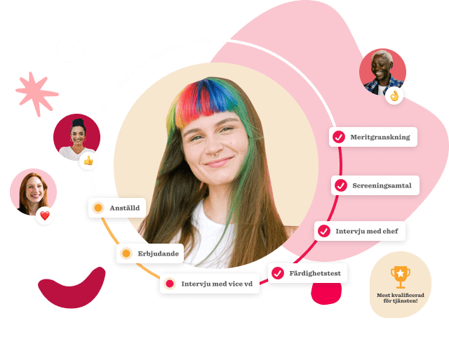 Colorful-haired woman smiles, surrounded by interview process icons and labels, reflecting job recruitment dynamics. , job_recruitment, interview_process