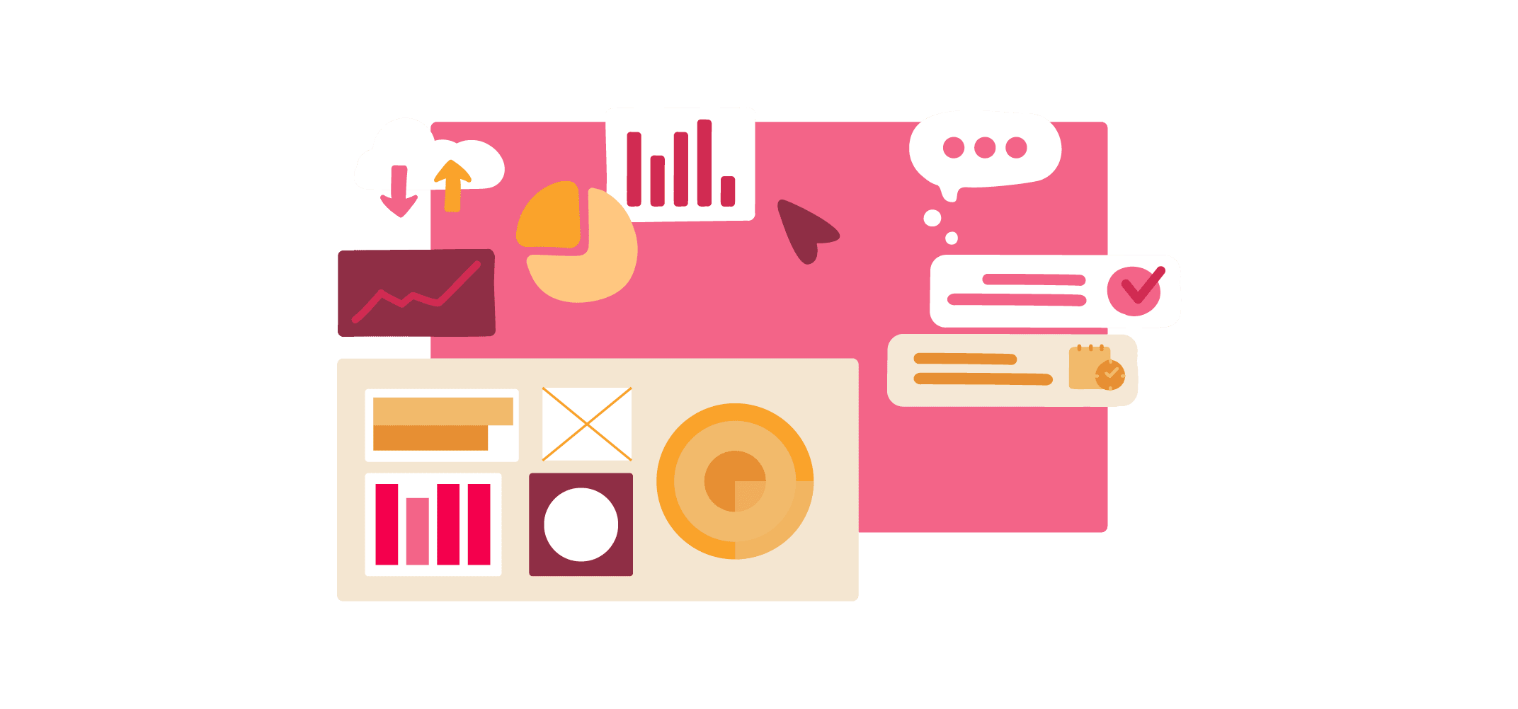 data analytics, charts and graphs in colorful layout representing business insights and communication tools