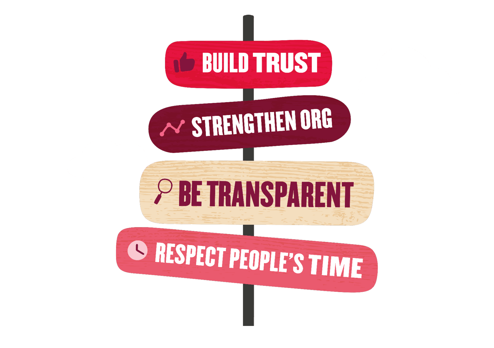 Build trust and be transparent with four key organizational values on colorful wooden signs. Respect people's time emphasized. , build-trust, be-transparent