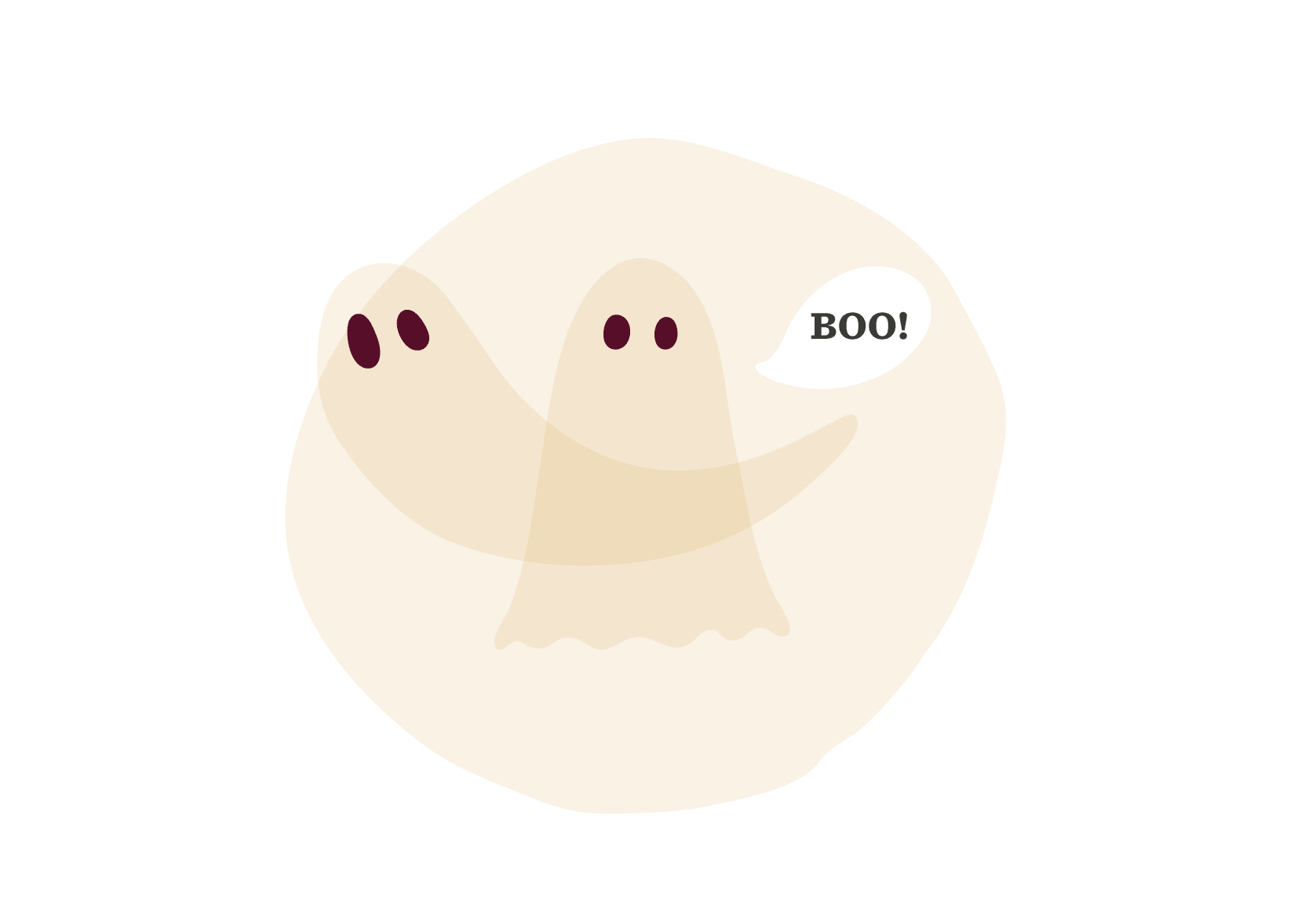 ghost cartoon, text bubble saying "BOO!"