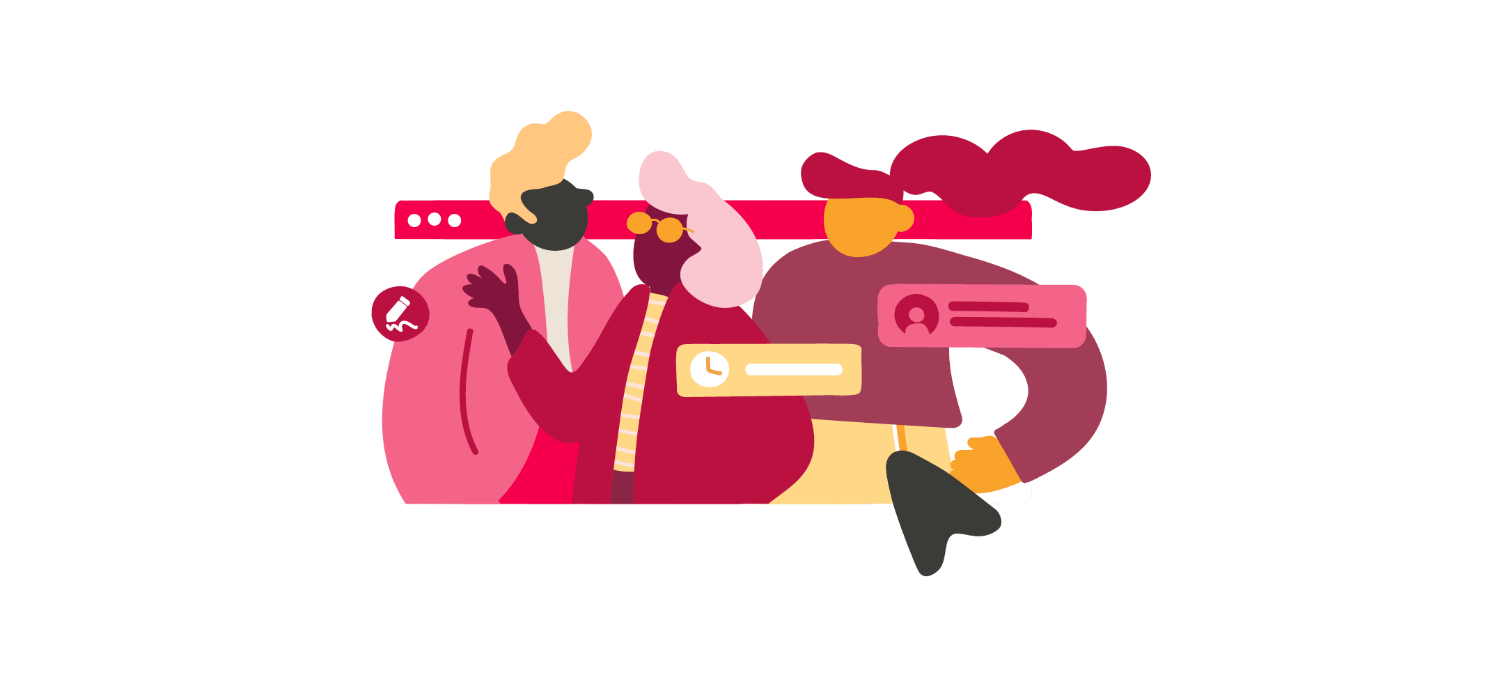 abstract illustration of diverse people interacting with chat bubbles and icons, signifying communication and collaboration, colorful graphic design showcasing online engagement and social connection
