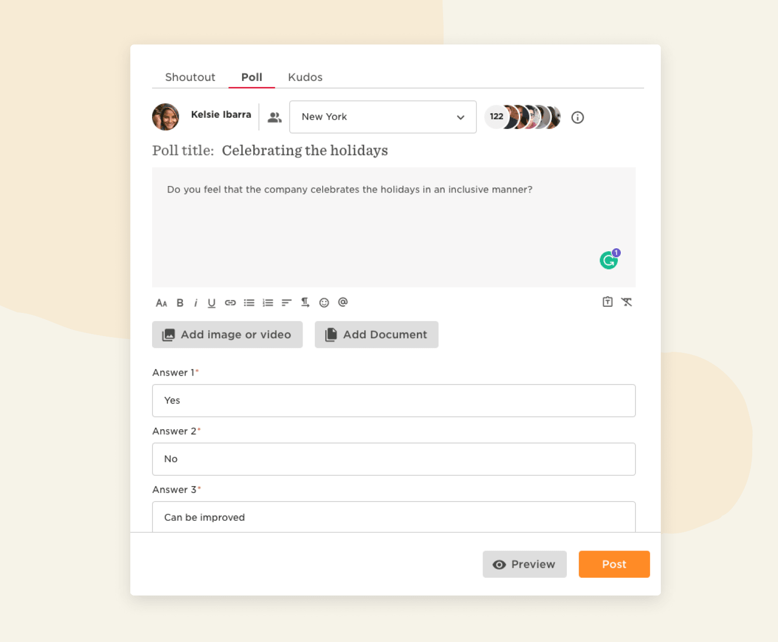 Poll creation interface titled "Celebrating the holidays" with options for user responses and additional features. , PollCreation, UserResponses