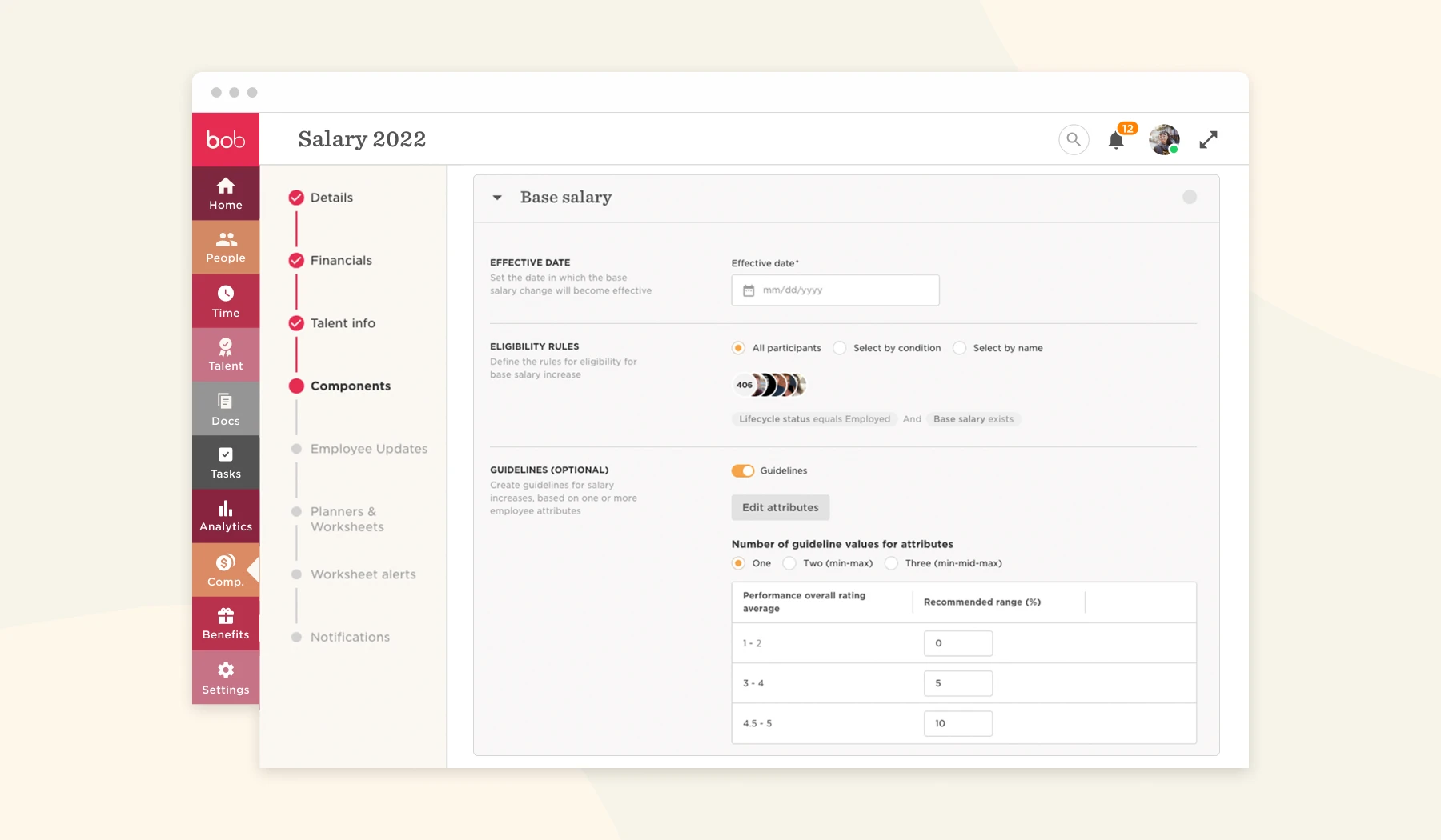 salary management interface, employee compensation guidelines and eligibility settings