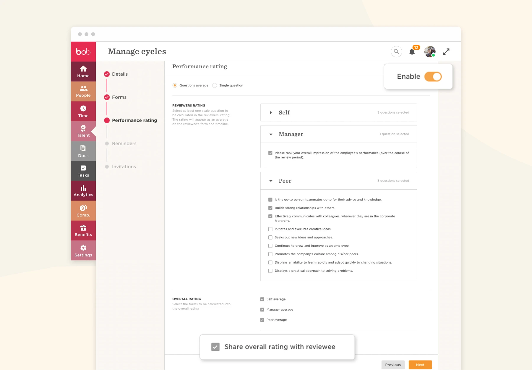 performance evaluation interface with self, manager, and peer rating options, user-friendly design for cycle management in HR tools