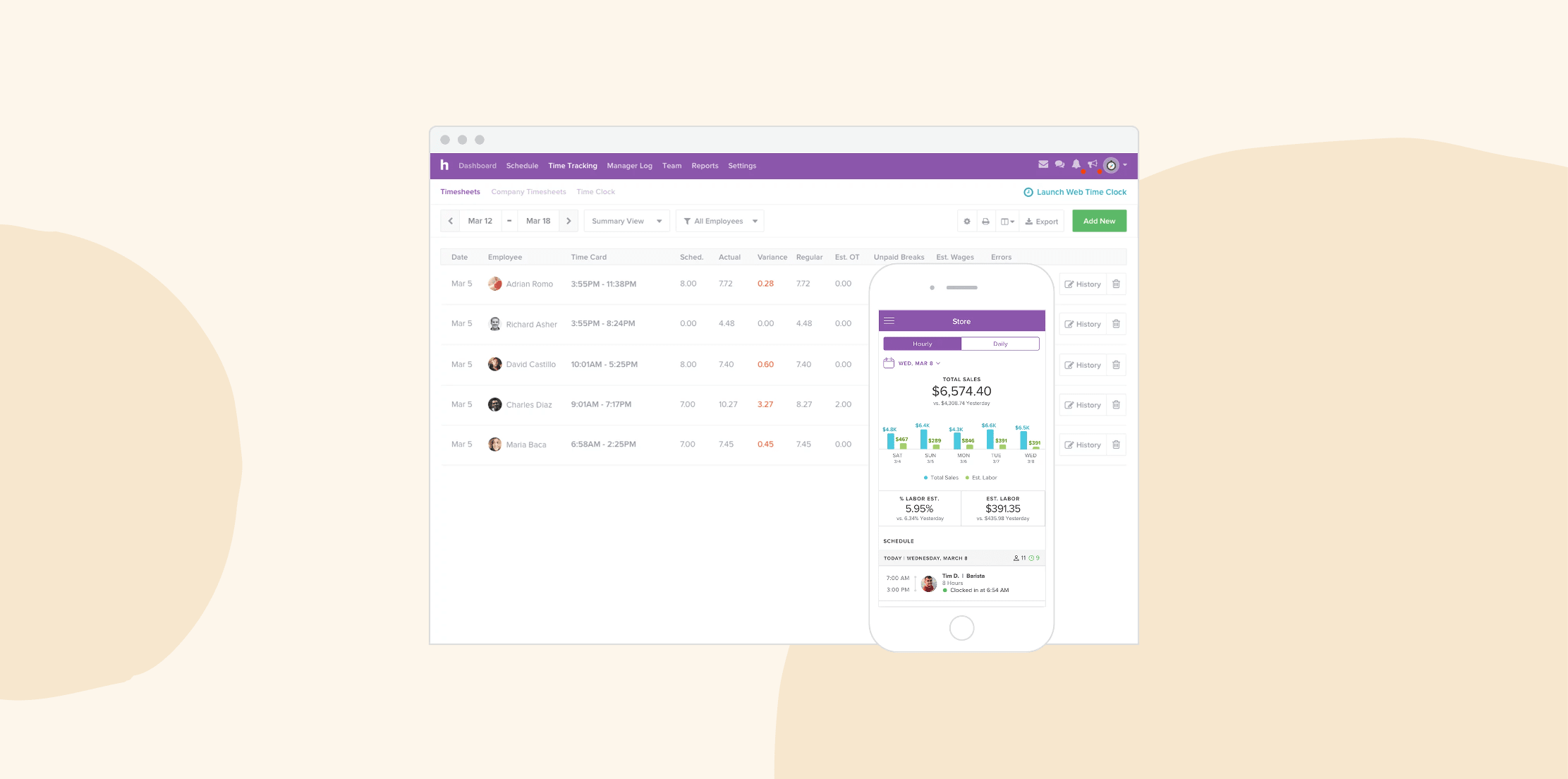 timesheet management dashboard with employee time logs and mobile sales overview, employee time tracking and sales summary overview