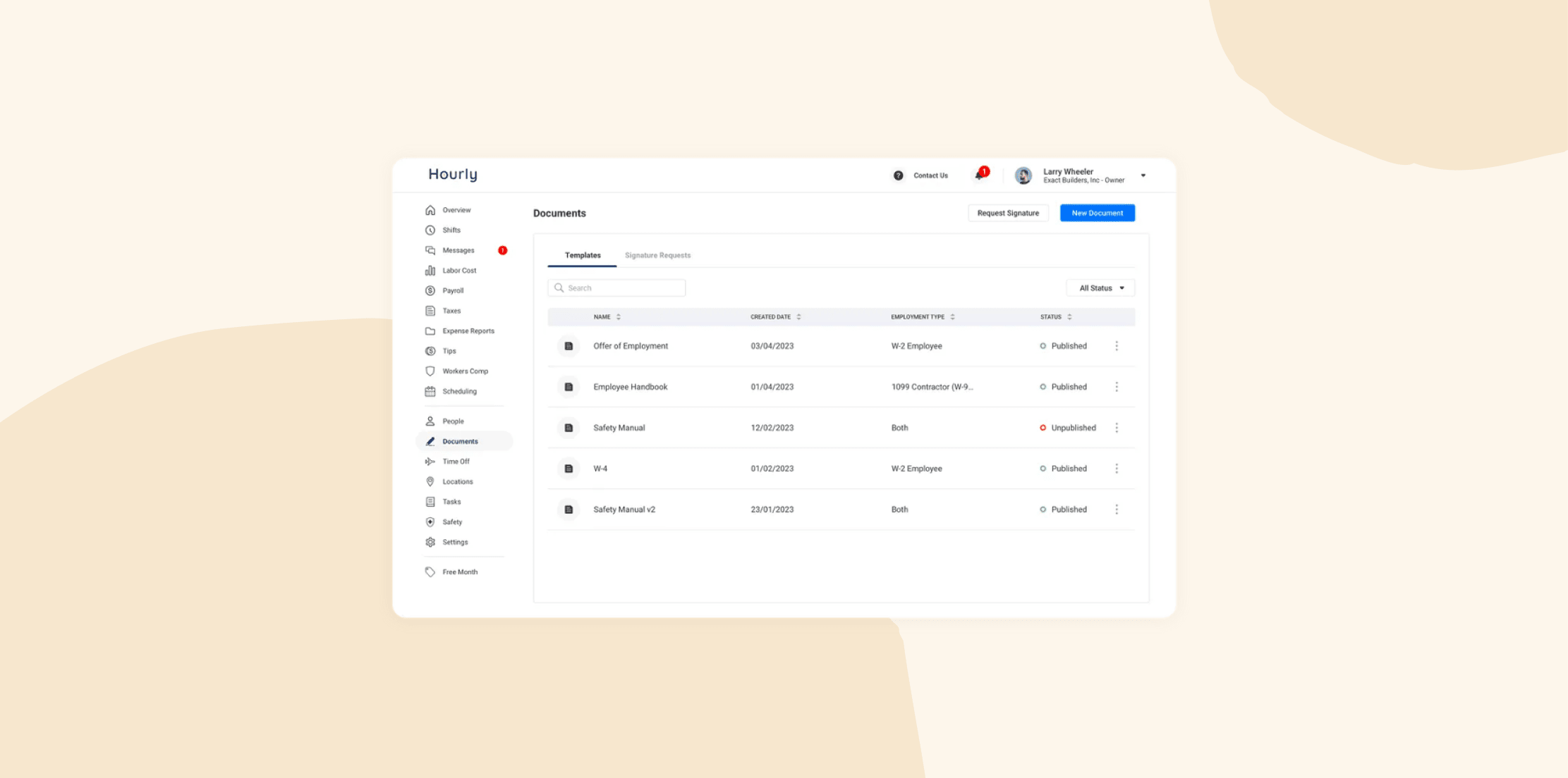 Documents management interface with a list of employment documents including statuses, dates, and types. User navigation panel. documents, employment