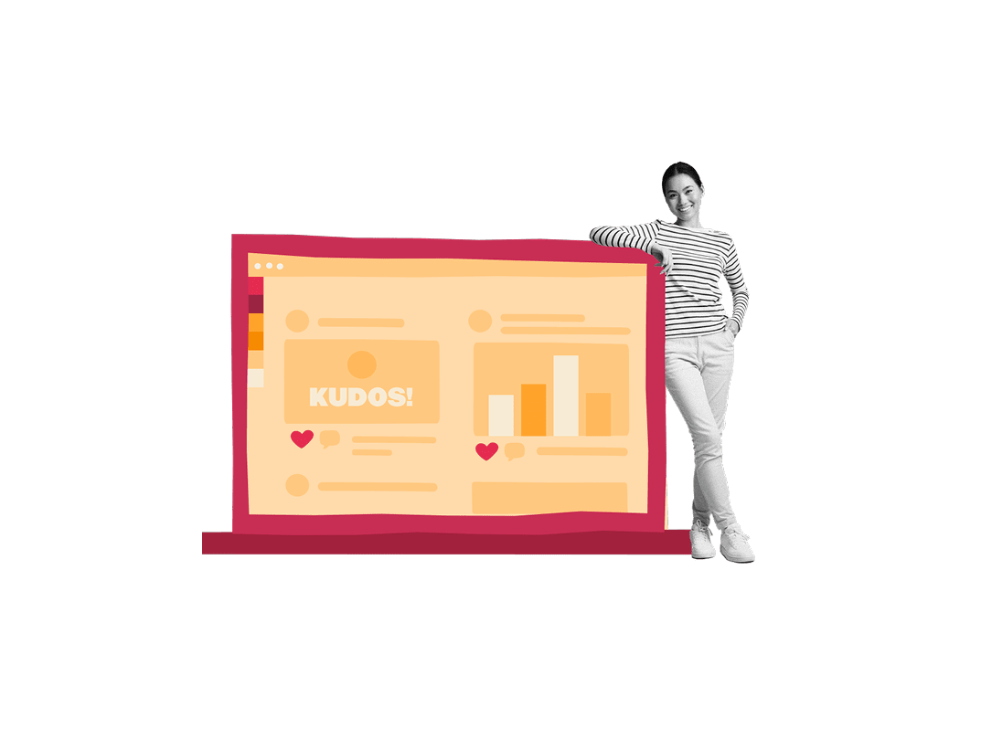 computer screen with performance metrics and "KUDOS!" text beside a woman in casual attire, woman standing next to digital dashboard