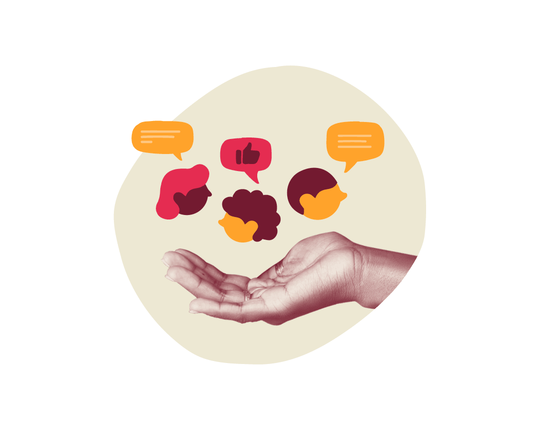 hand holding speech bubbles representing communication and interaction, chat icons in various colors illustrating diverse conversation styles