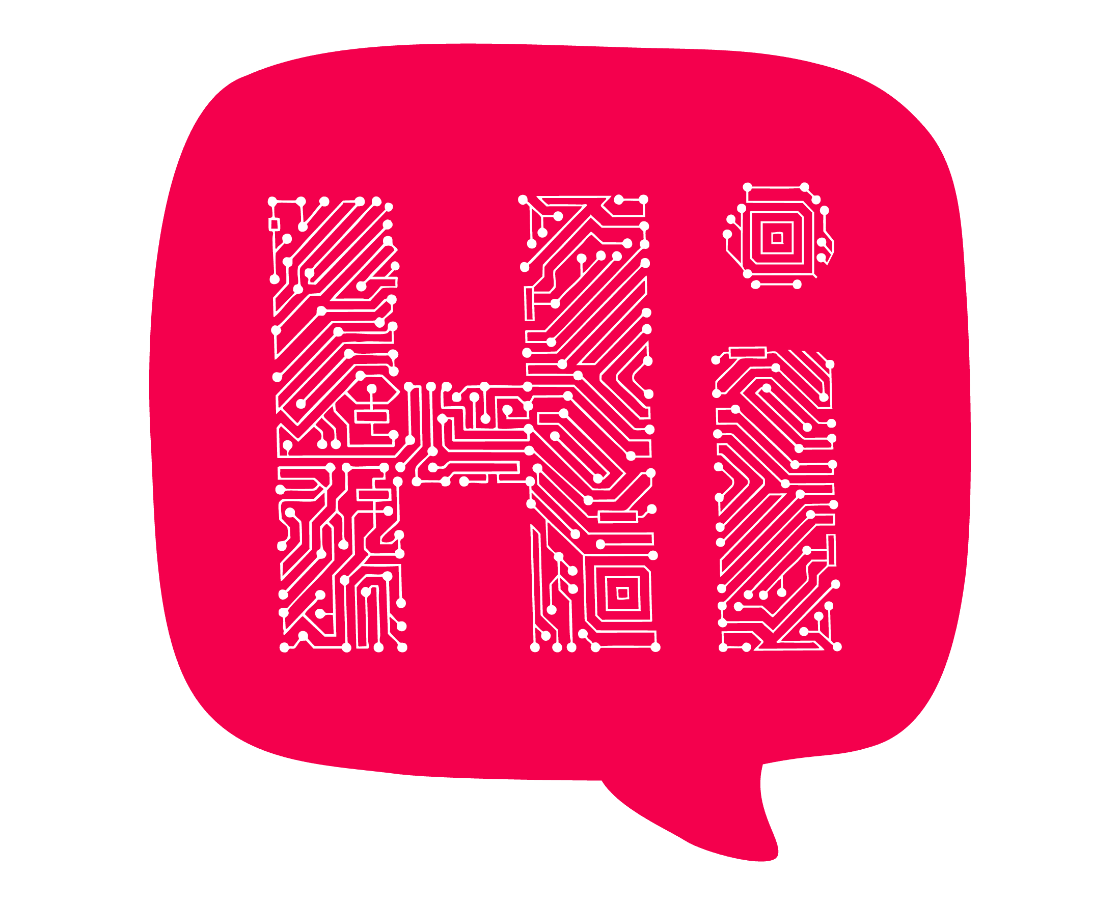 Hi text formed with circuit patterns inside a pink speech bubble, symbolizing technology and communication. , hi, communication