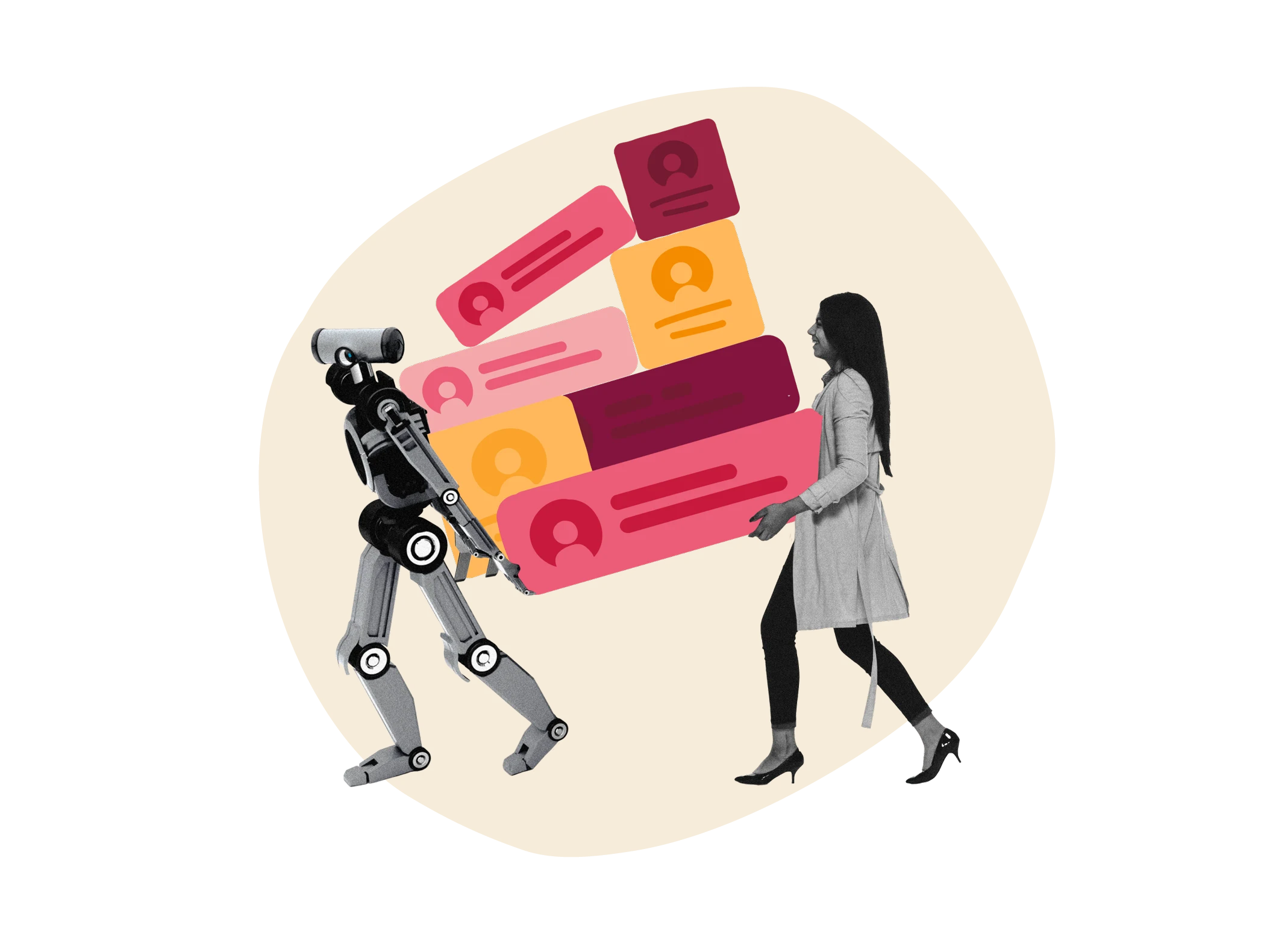 robot carrying tasks, woman walking in collaboration with robot
