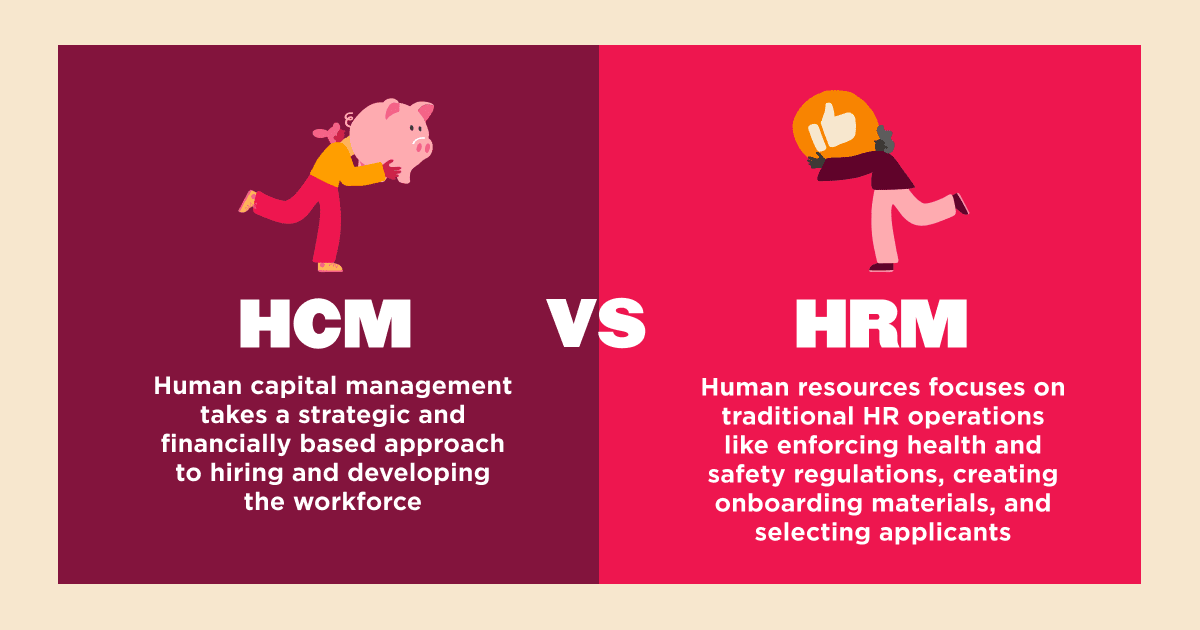 HCM vs HRM comparison, illustrating strategic workforce management versus traditional HR operations, Colorful graphics highlighting key differences in HR approaches