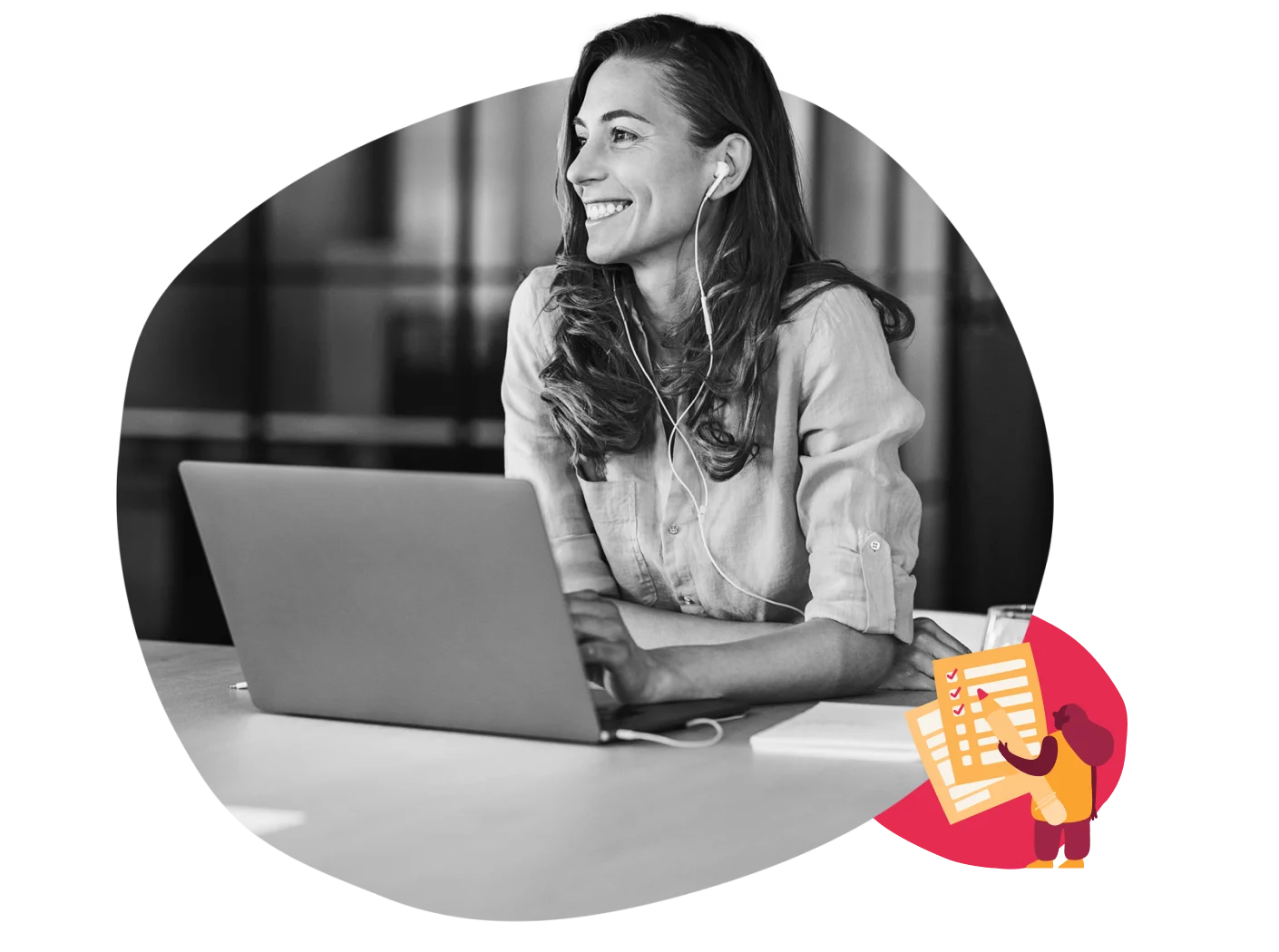 businesswoman, working, laptop, earbuds, smiling