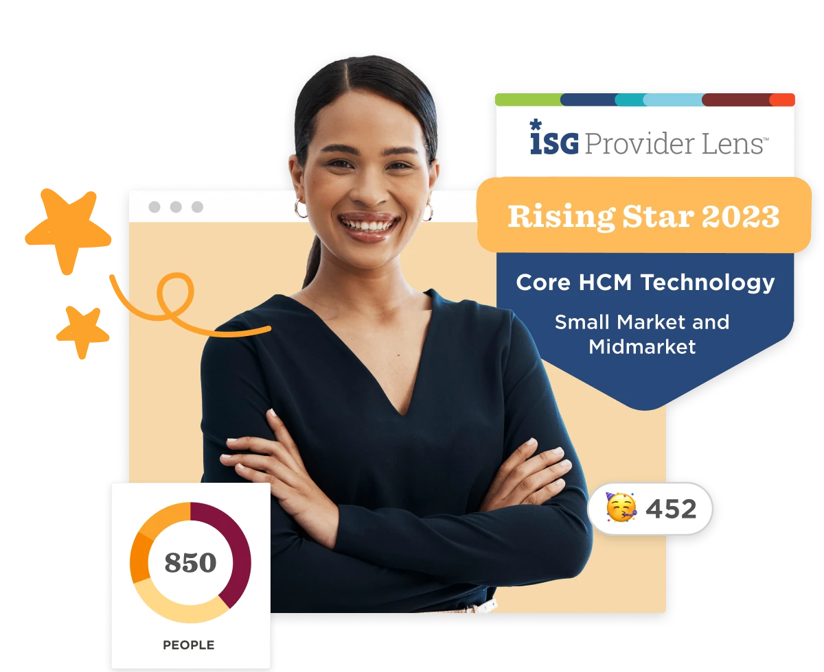 Rising Star 2023 female professional, smiling, highlighting Core HCM Technology for small and midmarket. 850 people. , RisingStar2023, HCMTechnology