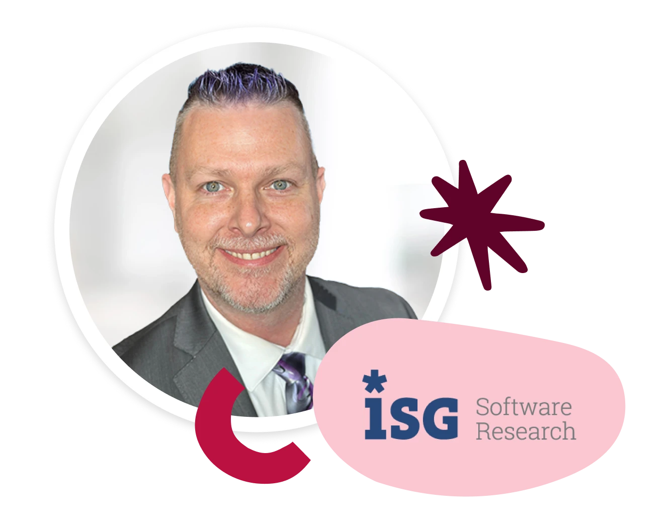 man in suit with blue and gray hair, smiling, with ISG Software Research logo and decorative elements, professional headshot, vibrant colors
