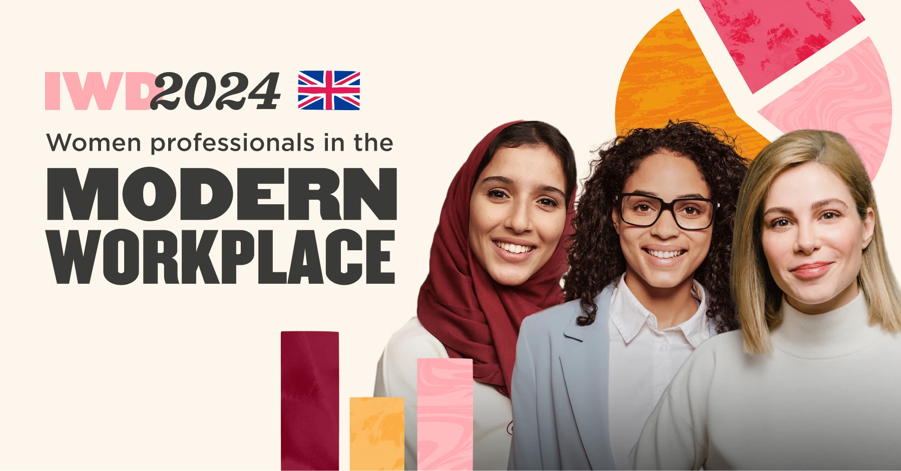 IWD2024, Women professionals in modern workplace, diverse group with visual elements emphasizing inclusivity and empowerment.