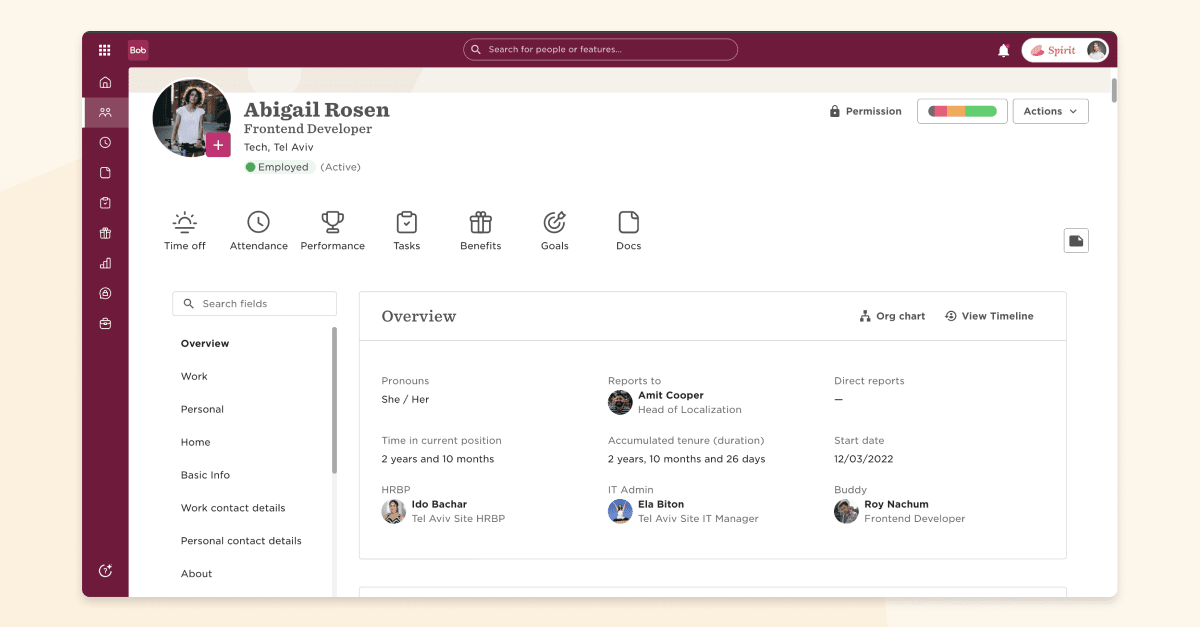 Abigail Rosen profile as Frontend Developer, showing active status, reports, and tenure details in user-friendly layout., Employee profile overview, Frontend developer details