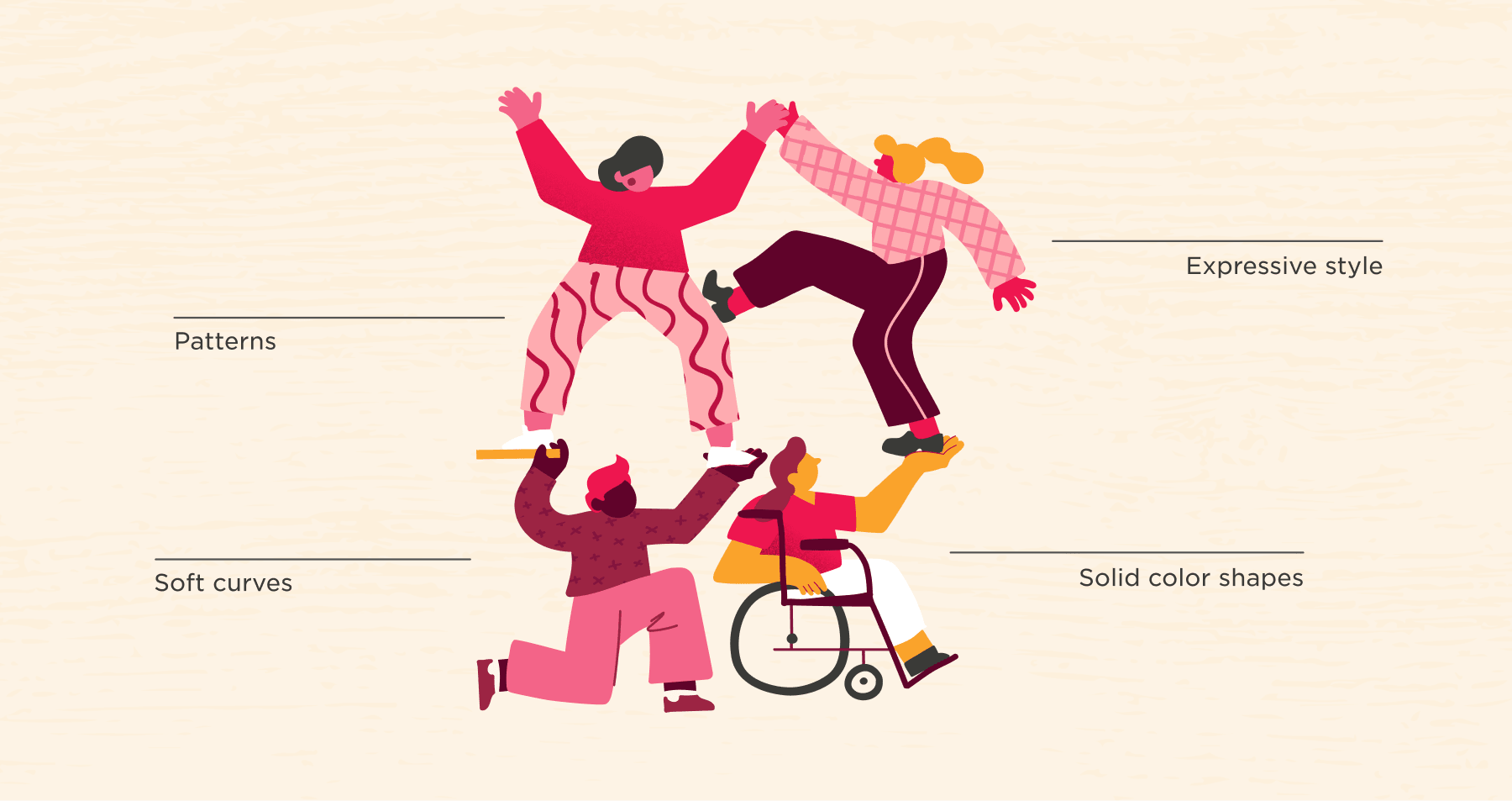 illustrative diversity, expressive art style with soft curves and bold patterns in vibrant colors