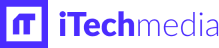 iTechmedia logo in purple, modern design featuring a square icon and bold text for branding, tech brand identity, digital media focus