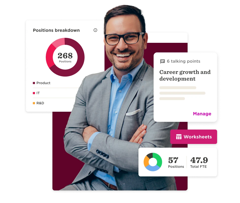 career growth dashboard, smiling professional with data visualizations and position breakdown statistics