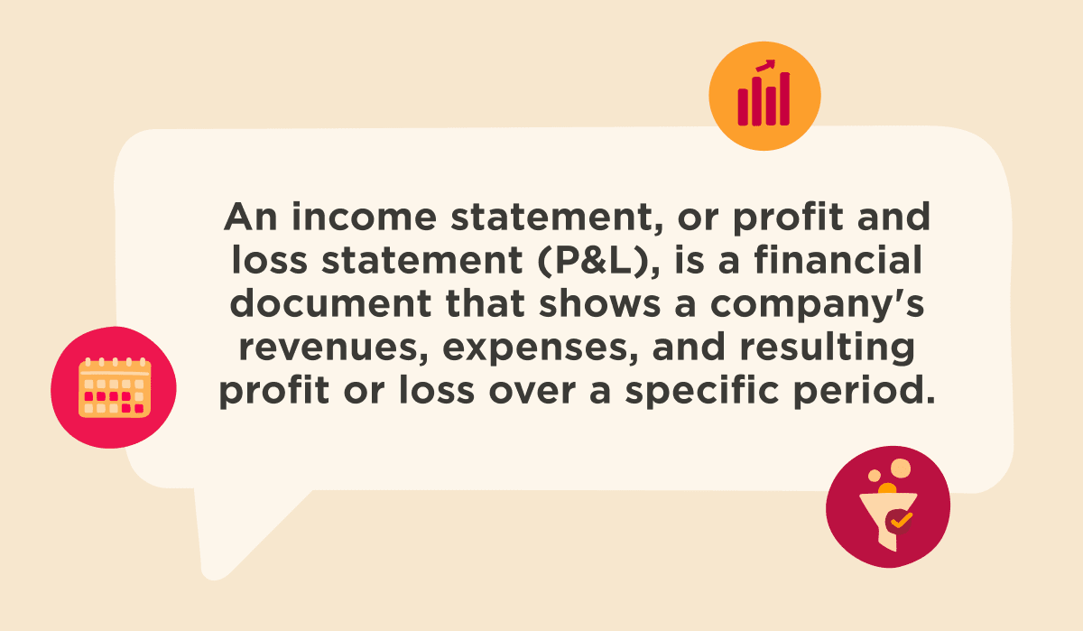income statement overview with financial icons, explaining revenues, expenses, and profit over a specific period, financial document, income statement