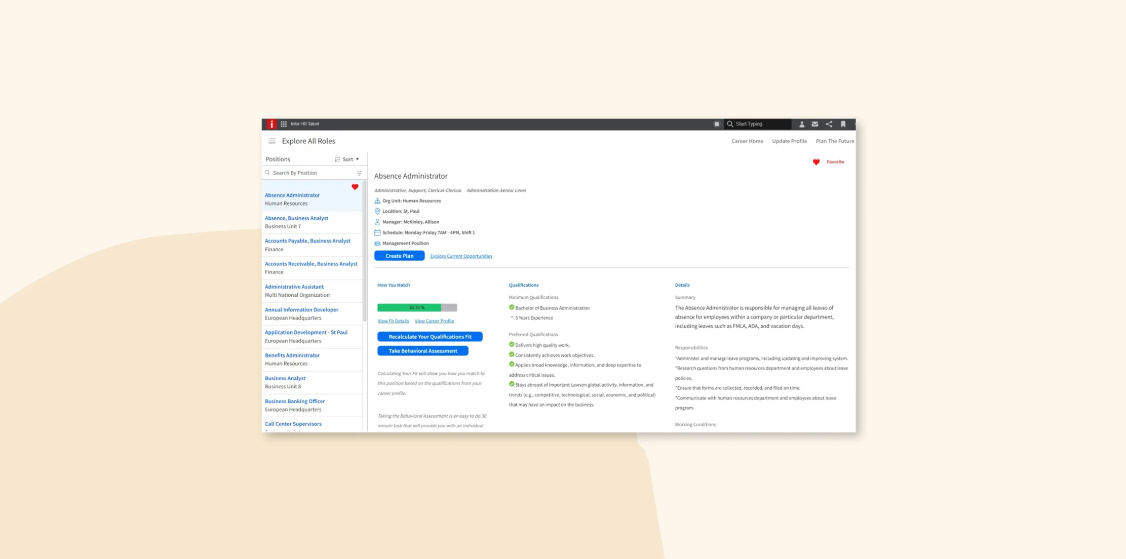 Absence Administrator job listing with qualifications and responsibilities displayed on a web interface, HR position dashboard for applicants