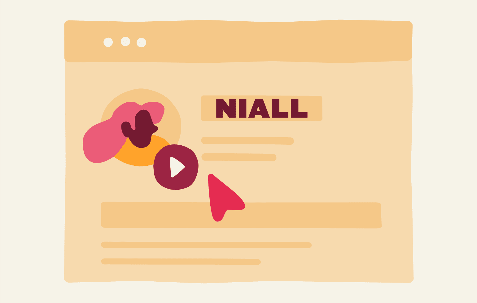 video player interface with name 'NIALL' highlighted and a play button illustration on a light background, colorful design elements representing user profile and interaction