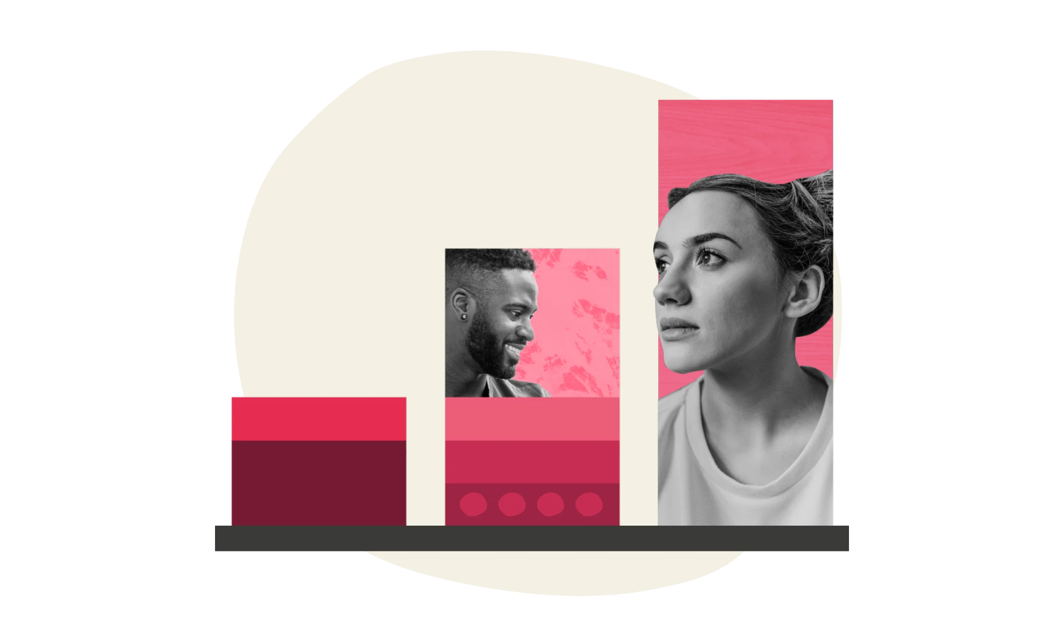 portrait of two individuals with bold geometric shapes and warm color contrasts, modern graphic design showcasing diverse faces
