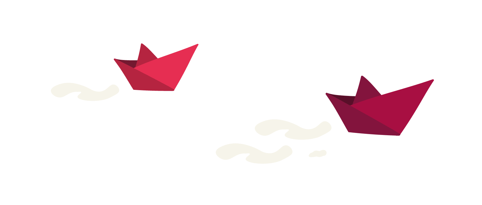 red origami boats sailing on a white background with playful swirls, two colorful paper boats with soft clouds behind them